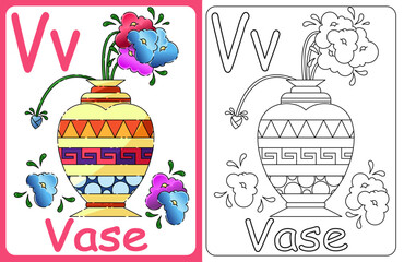 Kids ABC cards. Letter study set, english alphabet with food, animals and fairy tale characters cartoon.coloring book. Letter Vv