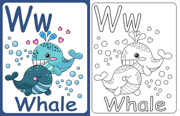 Kids ABC cards. Letter study set, english alphabet with food, animals and fairy tale characters cartoon.coloring book. Letter Ww