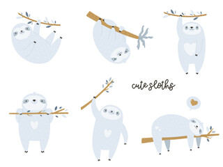 Vector illustration of a group of funny, adorable sloths hanging on trees