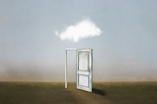 surreal open door in the middle of nature with a cloud above