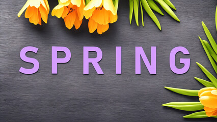 violet text spring cut out from paper laying on gray texturized surface with some yellow tulip flowers as decoration, generative AI