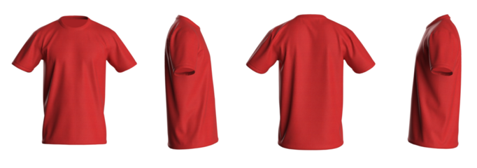 T-shirt template, from four sides, isolated on white background. Red Color