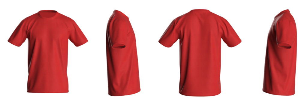 T-shirt template, from four sides, isolated on white background. Red Color