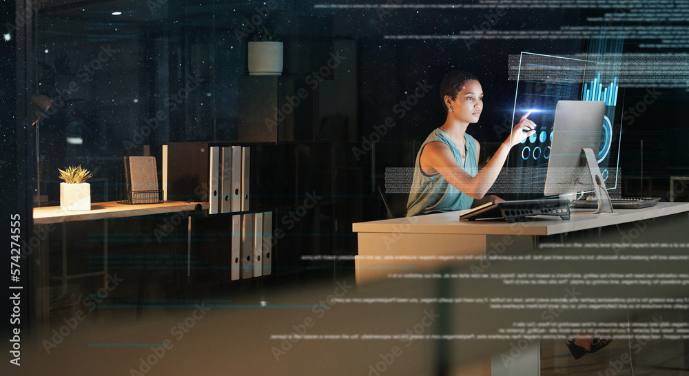 Poster computer, hologram hud and office woman pointing at future dashboard, ui chart or administration sof