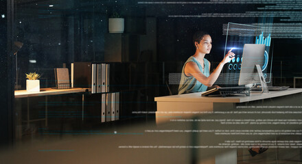 Computer, hologram hud and office woman pointing at future dashboard, ui chart or administration software. Digital transformation, night overlay mockup and black woman focus on fintech data analysis
