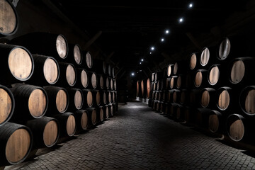 Barrels in wine cellar