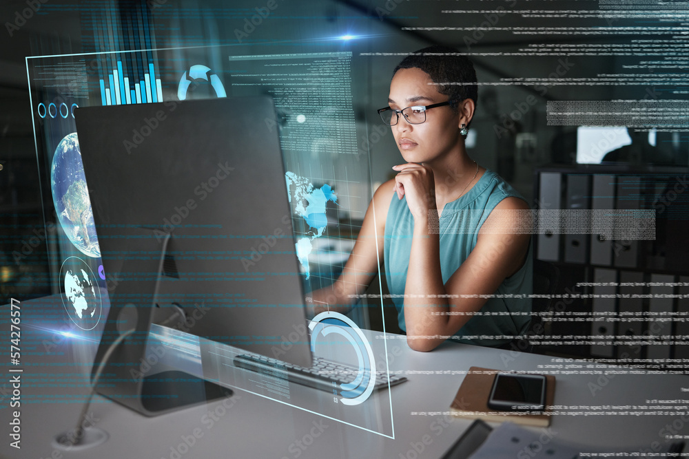 Aufkleber Computer hologram hud, thinking and woman review data analysis of earth communication, world networking or chart. Future night overlay, planet ui hud or African person work on global network software