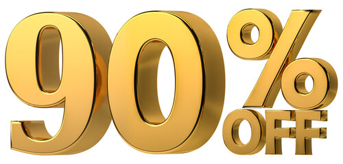 3d golden 90 % off discount isolated on transparent background for sale promotion. Number with percent sign. Include png format