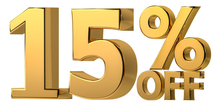 3d golden 15 % off discount isolated on transparent background for sale promotion. Number with percent sign. Include png format