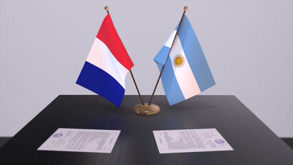 Argentina and France national flags on table in diplomatic conference room. Politics deal agreement 3D illustration