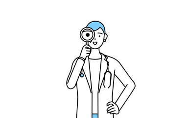 虫メガネをのぞく聴診器をかけた白衣の女性医師、シニア・中高年のベテラン医師