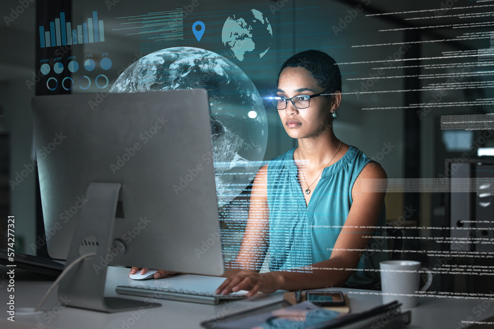 Poster computer hologram, global network and woman reading data analysis of earth communication, world netw