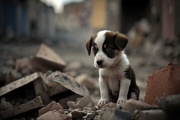Puppy lost among the ruins of the house. Generative AI.