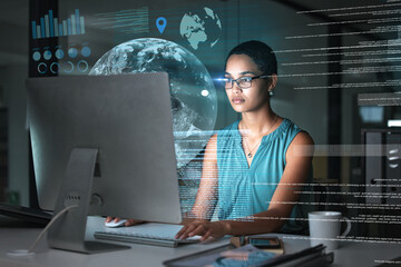 Computer hologram, global network and woman reading data analysis of earth communication, world...