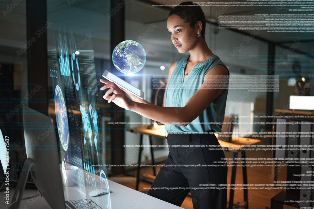 Poster tablet, earth hologram and computer woman review data analysis of global network, world communicatio