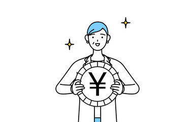 為替差益や円高のイメージ、聴診器をかけた白衣の女性医師、シニア・中高年のベテラン医師