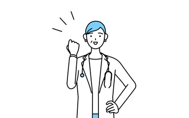 ガッツポーズをする聴診器をかけた白衣の女性医師、シニア・中高年のベテラン医師