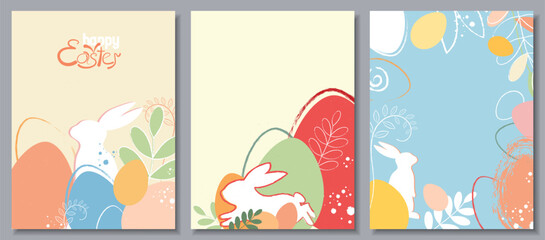 Fototapeta na wymiar happy Easter holidays banners cards set, Easter eggs, rabbit, bunny ears watercolor style pastel shades pink, blue, yellow, red, white. with space for text.