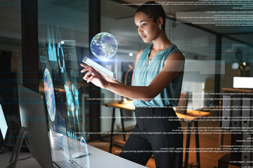 Tablet, Earth hologram and computer woman review data analysis of global network, world communication or 3d globe. Futuristic night overlay, planet ui hud or African worker working on chart dashboard