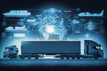 Futuristic transportation and logistic network distribution growth. Container cargo ship and trucks of industrial cargo freight for shipping. Business logistic import - Generative AI