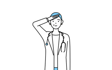 最敬礼する聴診器をかけた白衣の女性医師、シニア・中高年のベテラン医師