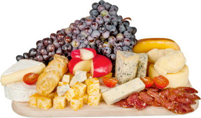 Cheeses, Cherry Tomatoes, Grape, Meat and Bread on the Wooden Platter - Isolated