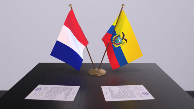 Ecuador and France national flags on table in diplomatic conference room. Politics deal agreement 3D illustration