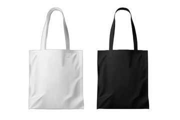 Black and white tote shopping bags realistic corporate identity mock-up items template transparent background vector illustration. Mockup white tote bag fabric for shopping, mock up canvas bag.