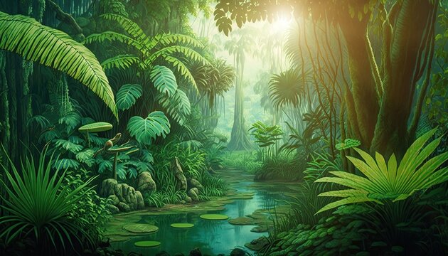 Fototapeta Around 10,000 BC, tropical forests were lush, diverse, and full of life. The climate was generally warmer and wetter, which supported dense vegetation and a wide range of species. Game background.
