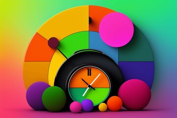 Abstract collage of clock, balls and multicolor objects