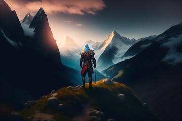 Warrior standing on top of the mountain - Illustration, Wallpaper