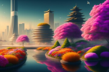 Old and new face of Asian city - colorful garden and modern city 