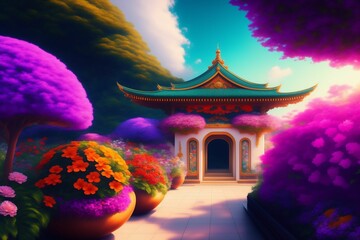 Asian temple in a beautigul garden - Illustration