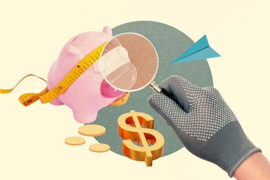 Financial and liquidity investigator's hand. Use a magnifying glass to look at a pink piggy bank.Abstract art collage.