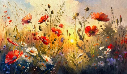 Watercolor paintings landscape,  field of poppies and flowers, artwork, poster