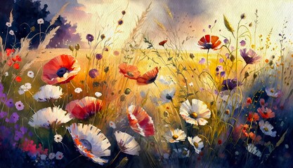 Watercolor paintings landscape,  field of poppies and flowers, artwork, poster