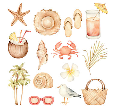 set of summer elements.Watercolor summer collection.Beach watercolor elements.Sea set.Tropic objects:palm,seastar,seashell,seagull,hat,beach bag,sandals,suglasses,coctail,crab