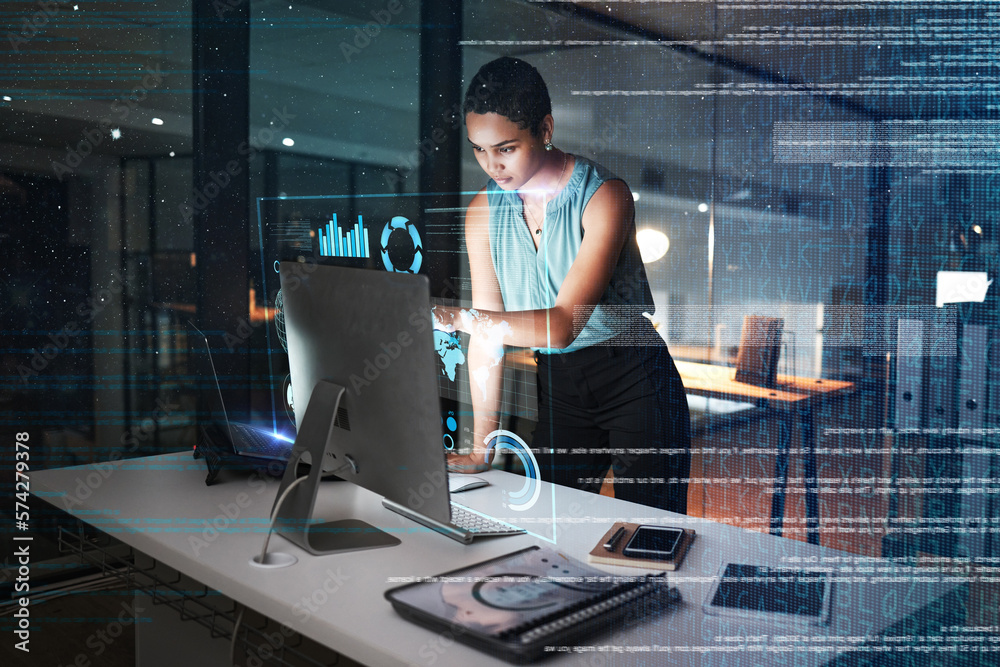 Poster Office computer, hologram or night person reading future administration dashboard, research chart or ui software. Digital transformation, cloud computing overlay and black woman work on data analysis