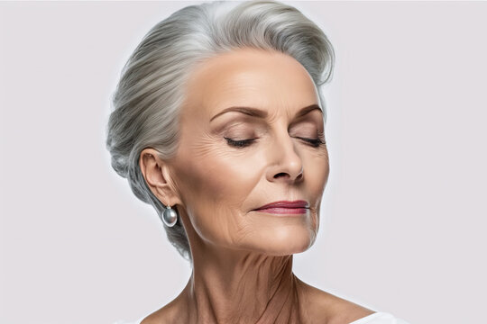 Beautiful gorgeous 50s mid aged mature woman isolated on white. Mature old lady close up portrait. Healthy face skin care beauty, middle age skincare cosmetics, cosmetology concept. Generative AI