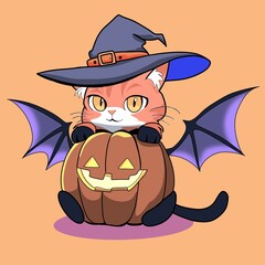 Halloween cat with wings hat with behind pumpkin