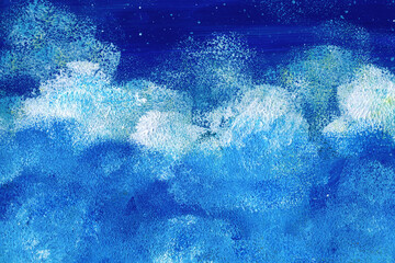 Abstract dark blue background with white clouds. Drawn with hands with acrylic paints on canvas
