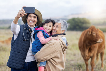 Farm, agriculture and selfie of parents and girl in countryside for holiday, vacation and adventure...