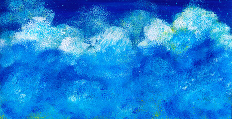 Abstract dark blue background with white clouds. Drawn with hands with acrylic paints on canvas
