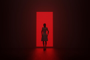 Rear image of woman in short dress in front of window illuminated with red neon light. 3d render