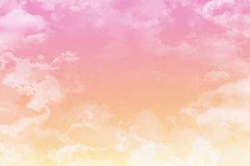 watercolor texture sunset background with white clouds and pink sky. Hand drawn Heaven. Summer sunrise banner