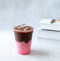 Product Cold drink menu of smoothly mixed cocoa chocolate Strawberry drinks in a plastic glass.