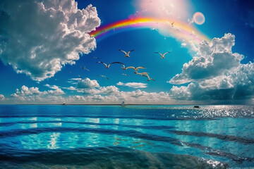 Rainbows and seabirds on the sea