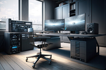 Modern working room with computer interior design. Comfortable and warmth place. Generative AI