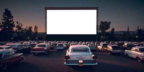 drive-in américain avec des voitures alignées sur plusieurs rangées, les occupants regardent un film sur un écran géant - obrazy, fototapety, plakaty