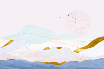 Abstract landscape with sea, hills, sky, sun and birds